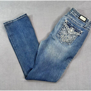 Womens Earl Slim Bootcut Jeans Sz 6 Flap Pocket Embroidered Bling Rhinestone